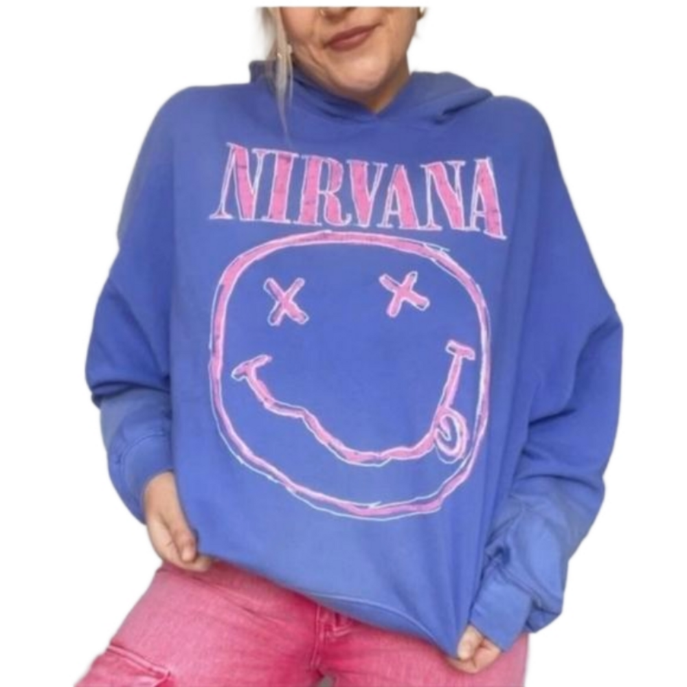 Nirvana Smiley Oversized Hoodie, Sun Faded Cobalt Sz XS